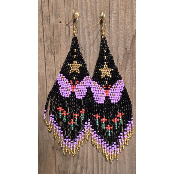 Unbranded Jewelry - Handmade Beaded Butterfly Drop Dangle Earrings, Black Statement Earrings, 6 Inch